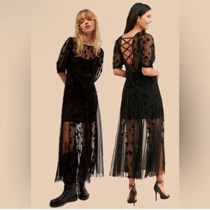 New Free People Viola Midi Dress Black Lace Mesh